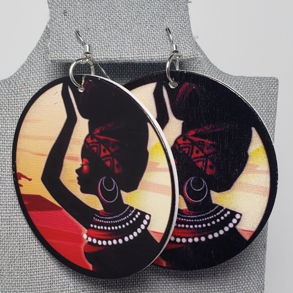African Woman Art Round Earrings